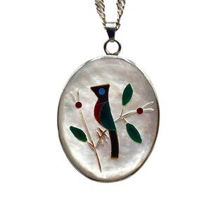 Vintage Bird Pendant Necklace Mother Of Pearl Inlay Colorful Stones Silver Tone